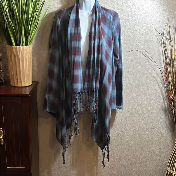 #484 EN CRÈME plaid shirt cardigan with fringe open front size small - Picture 1 of 11